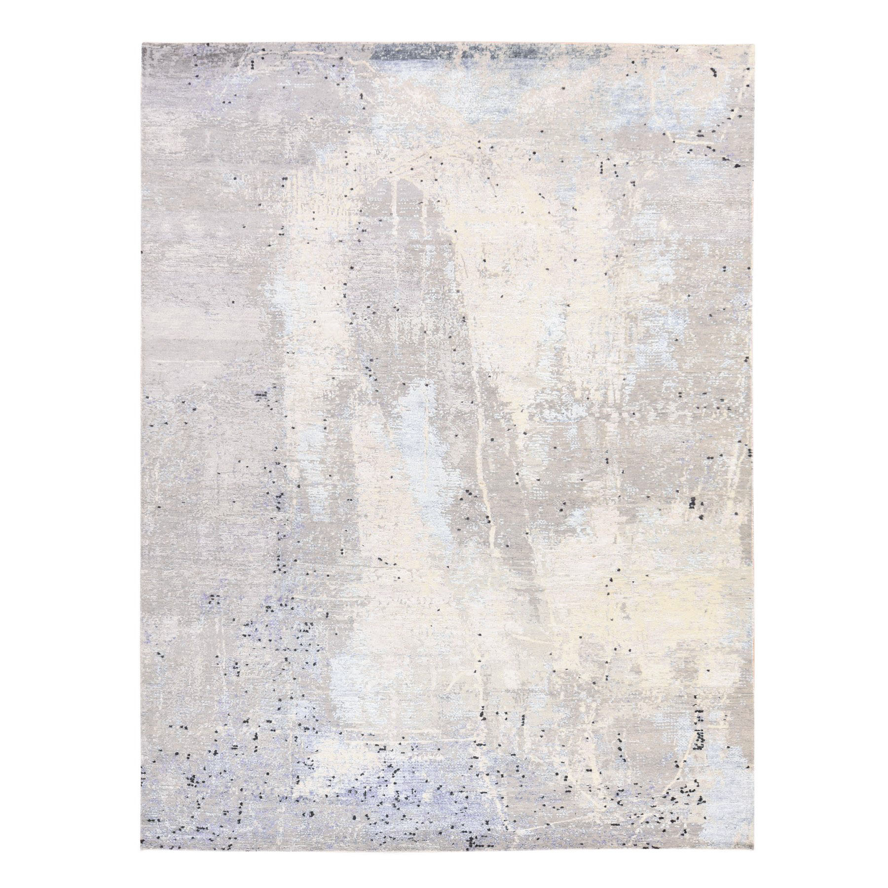 7'9"x10'3" Pastel Gray, Abstract Design with Soft Blues, Wool and Silk, Hand Knotted, Oriental Rug 